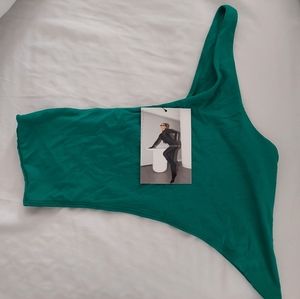 Naked Wardrobe one shoulder green crop top